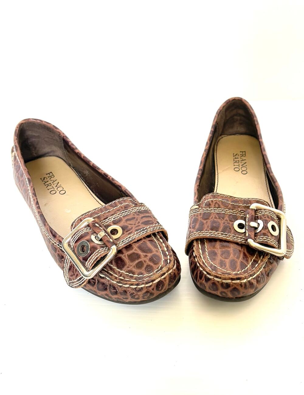 Franco Sarto Shoes Kody Brown Croc Embossed Leather Buckle Flats Loafer Womens 6